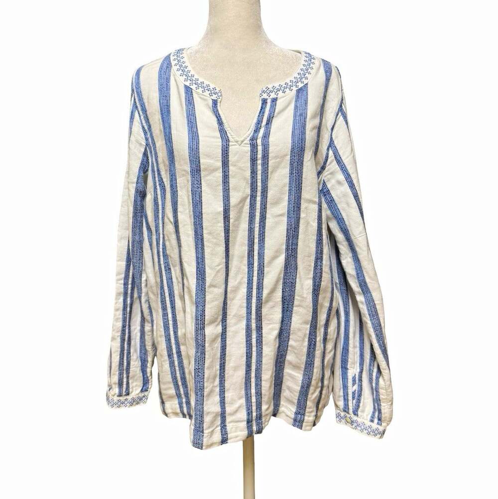 Pure Jill Blue White Striped Embroidered Split Neck Tunic Blouse M